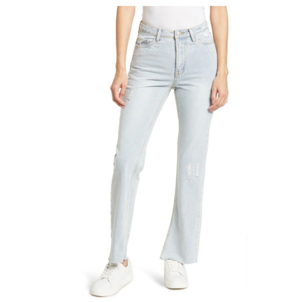 Avec Les Filles Jeans Straight Leg High Rise‎ Jeans With Slit Hem Blue Size 28